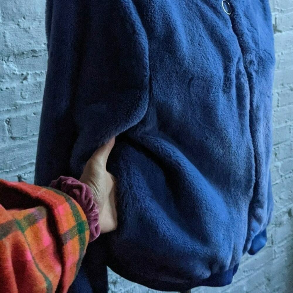 Y2K Blue Faux Fur Jacket Furry Hooded Zip Up Sweatshirt M Velvet Fuzzy Sweater - Picture 5 of 7